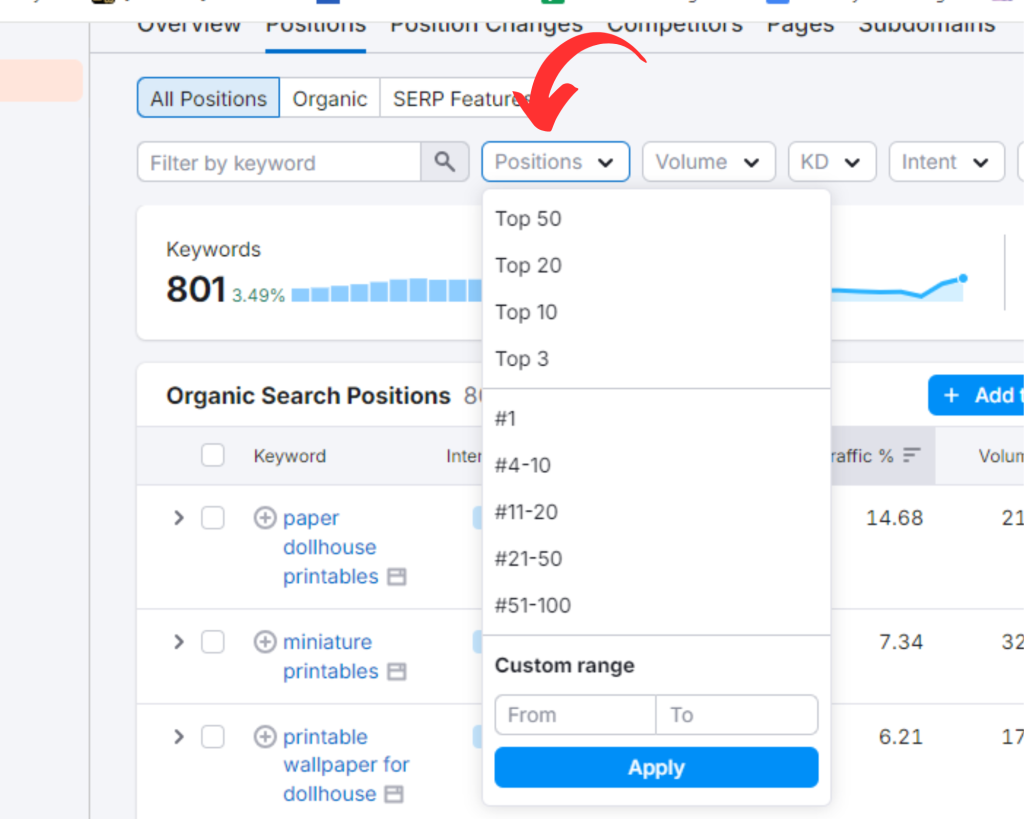 Click on "positions" and I will choose "Top 10" to see all the keywords that this website is ranking for in positions 1-10