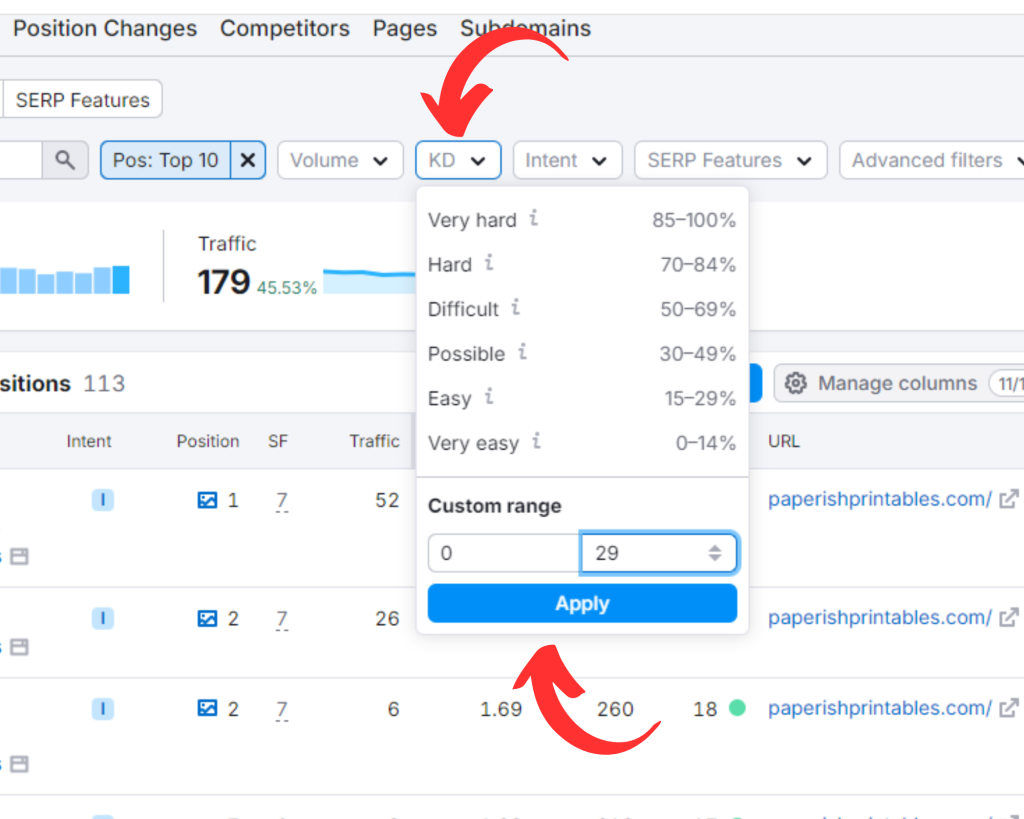 Click on "KD" and then filter to 0-29 for "very easy" and "easy" keywords